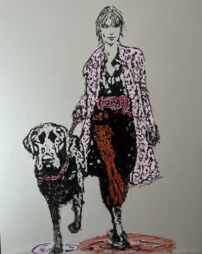 Original ölgemälde frau - frau, hund